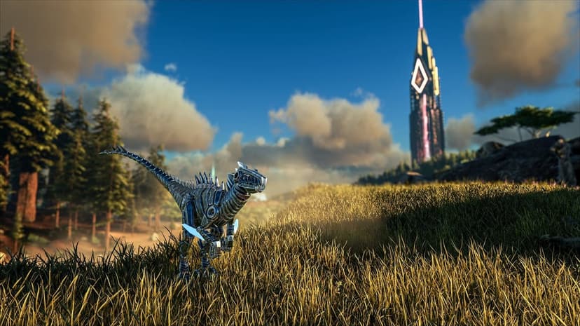 Mechanical raptor stands in golden grass before a massive futuristic tower under a blue cloudy sky.