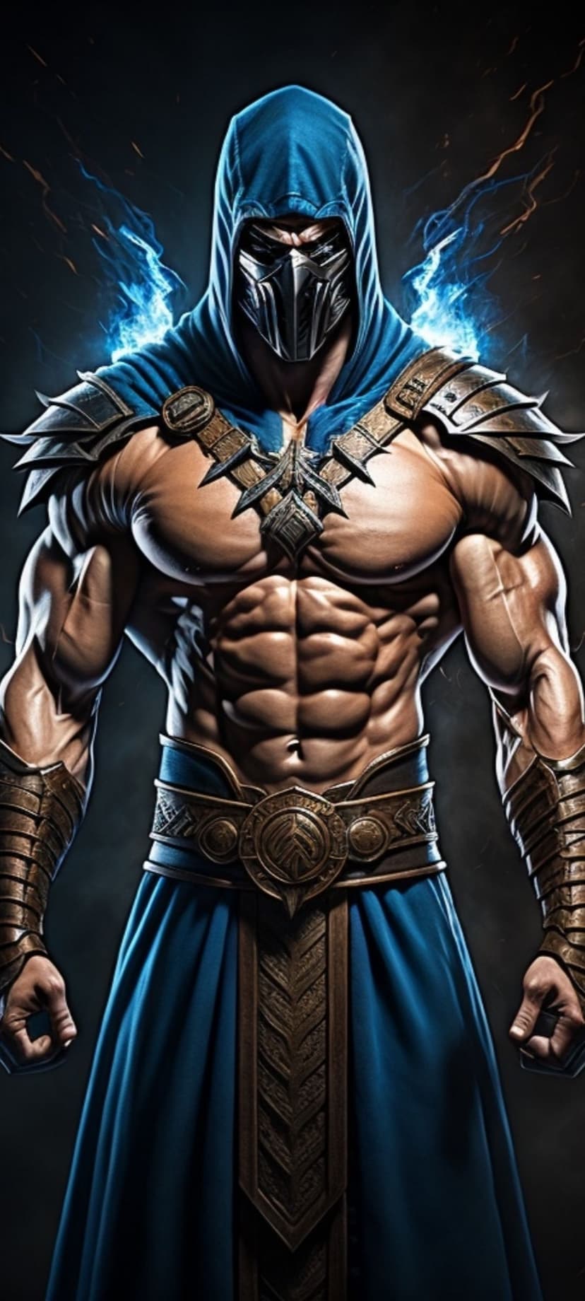 Masked warrior in bronze armor and a blue hood radiates glowing electric energy from his head and shoulders.