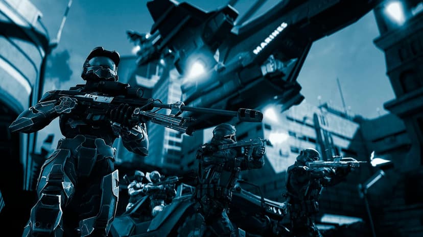 Spartan sniper and marines in a firefight under a hovering dropship in a blue-toned futuristic city.
