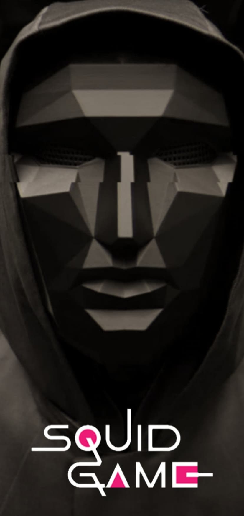 Faceted black guard mask stands above the circle triangle and square logo symbols on a dark textured background.