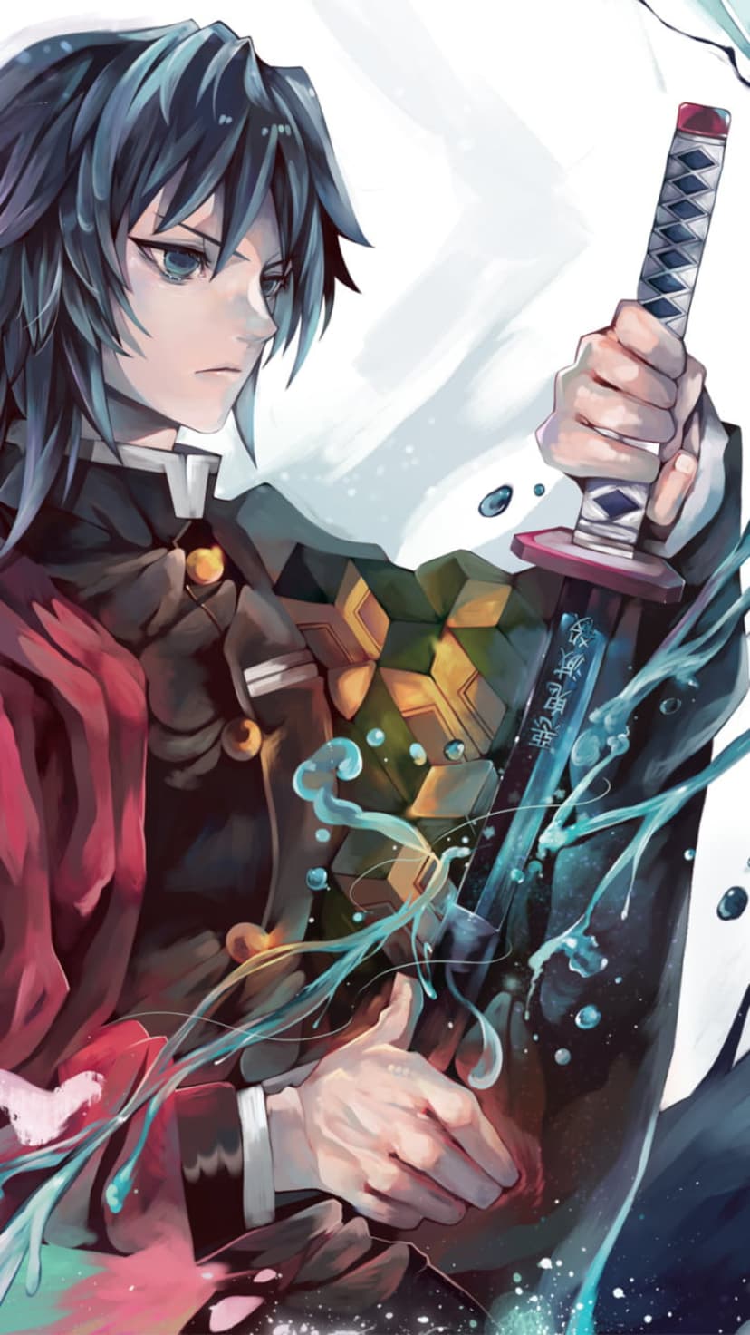 Swordsman with blue hair grips a katana amidst splashing water waves and red fabric on a dark background.