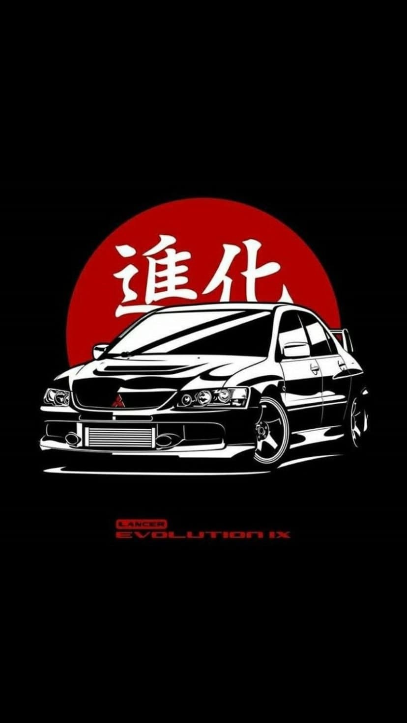 Mitsubishi Lancer Evolution IX line art in front of a red circle with Japanese kanji on a black background.