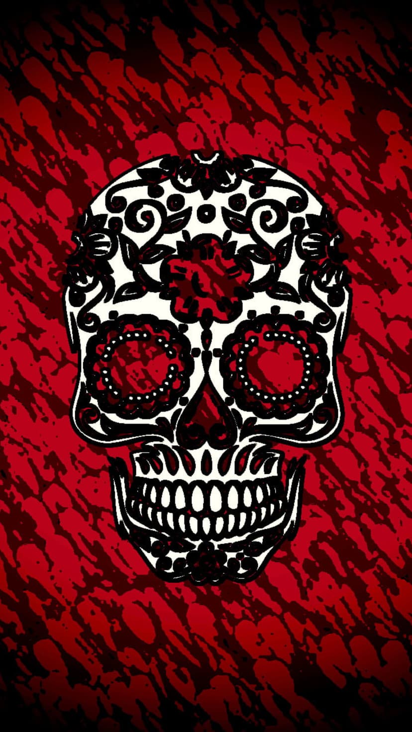 Decorative sugar skull with black floral details appears over a chaotic background of bright red paint splatters.