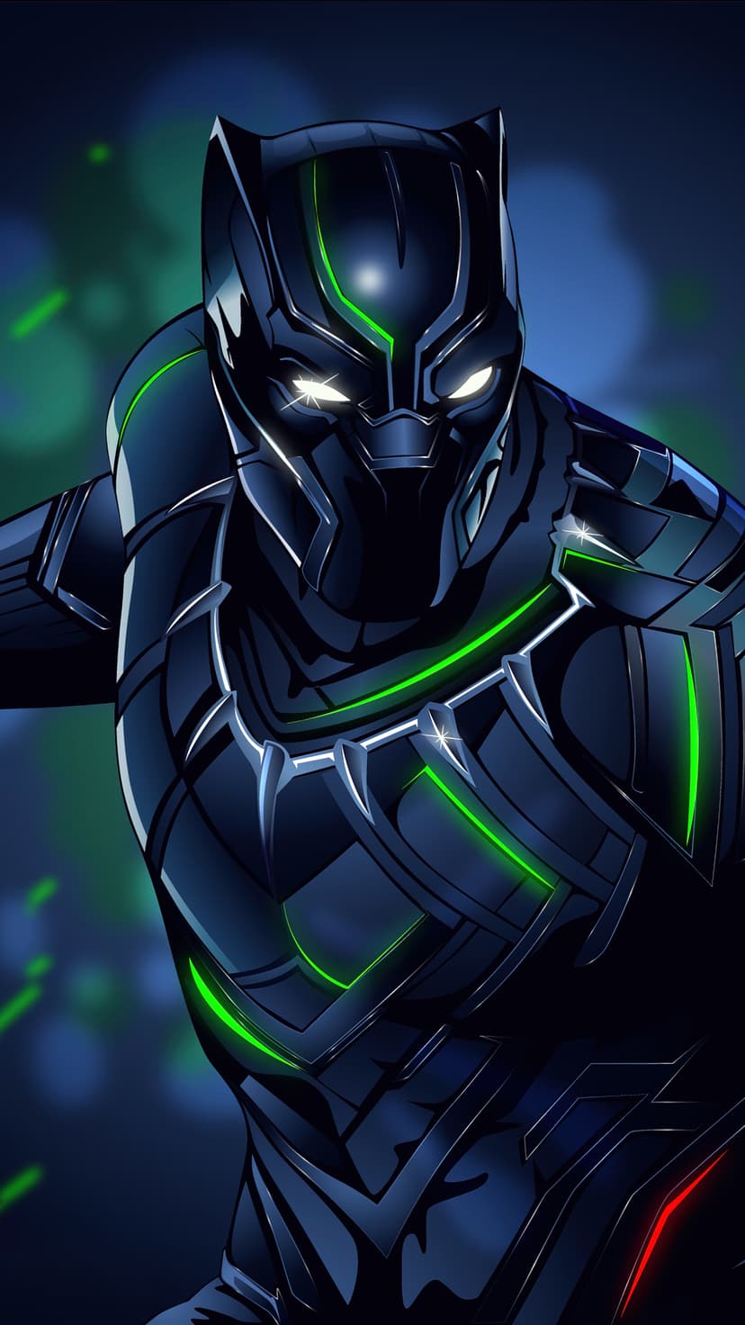 Black Panther wearing a black suit with neon green light accents and white eyes on a blurred dark background.