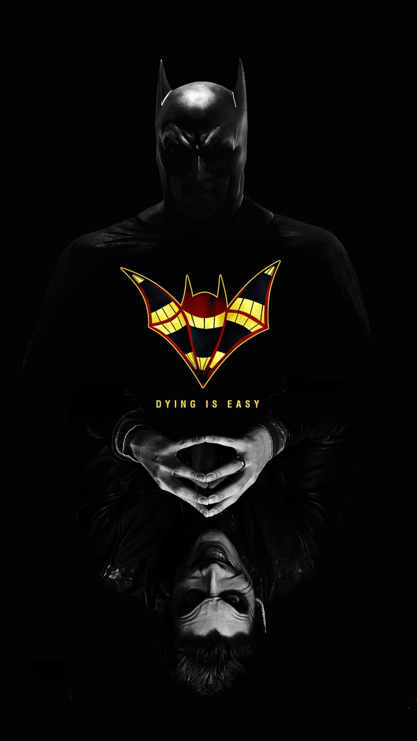 Batman in a black cowl with a Joker bat symbol and Dying is Easy text above a grinning reflection on the floor.