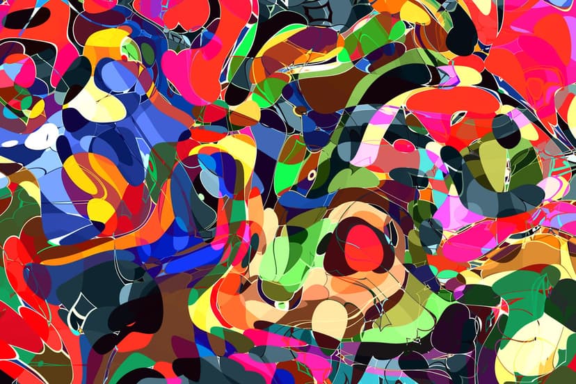 Vibrant neon swirls and fluid organic shapes intertwine to create a colorful and energetic psychedelic pattern.