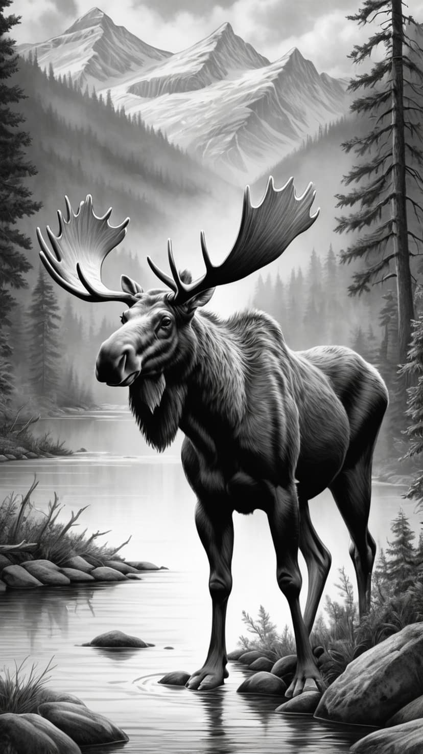 Large bull moose with antlers standing in a shallow lake surrounded by pine trees and misty snowy mountains.