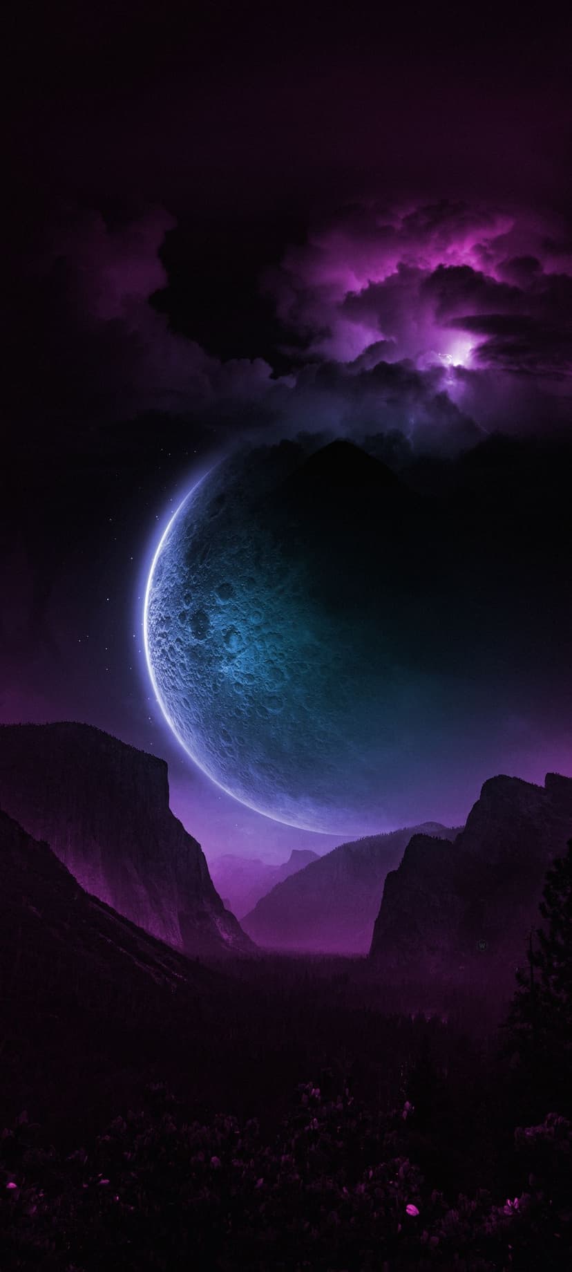 Massive textured moon looms over jagged dark peaks and purple lightning strikes in a misty valley at night.