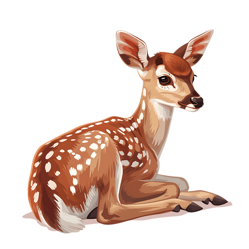 Young spotted fawn resting on a transparent background with realistic brown fur textures and large dark eyes.