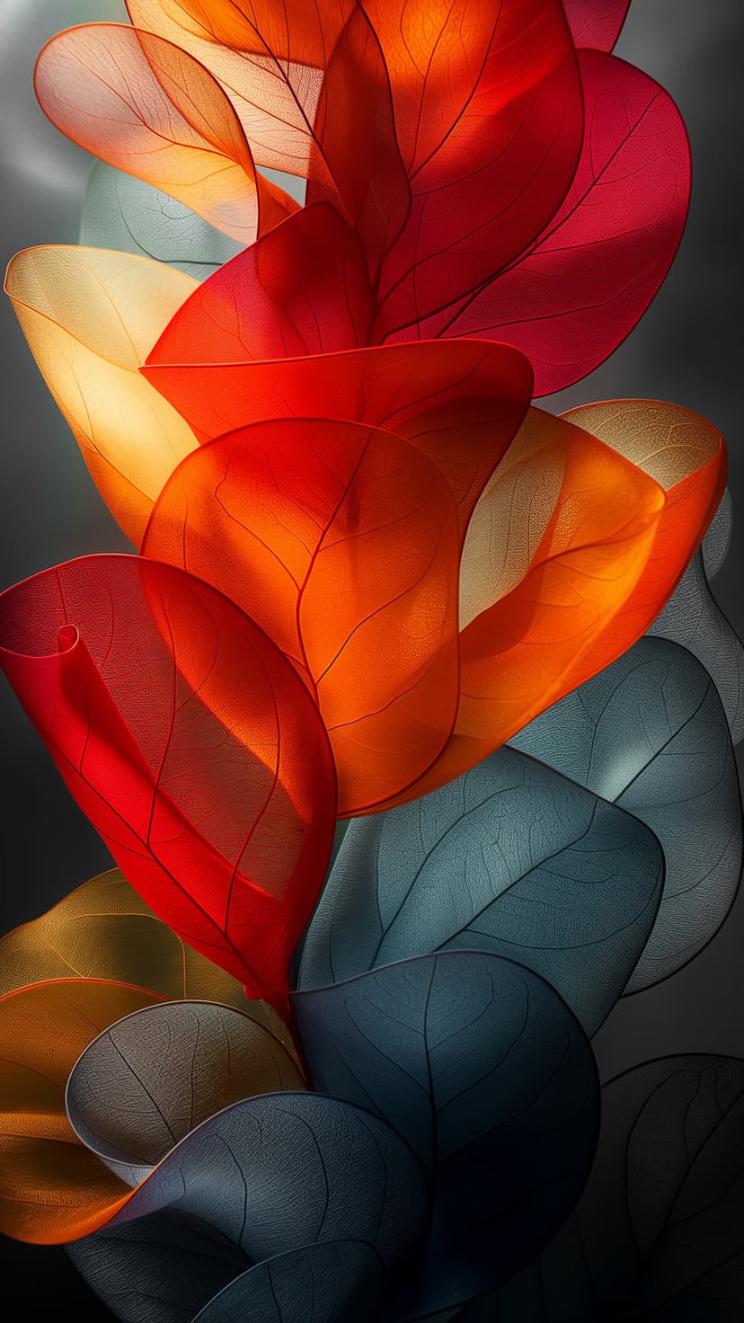 Layered translucent leaves with fine vein details transition from fiery orange to cool slate blue in a vertical stack.