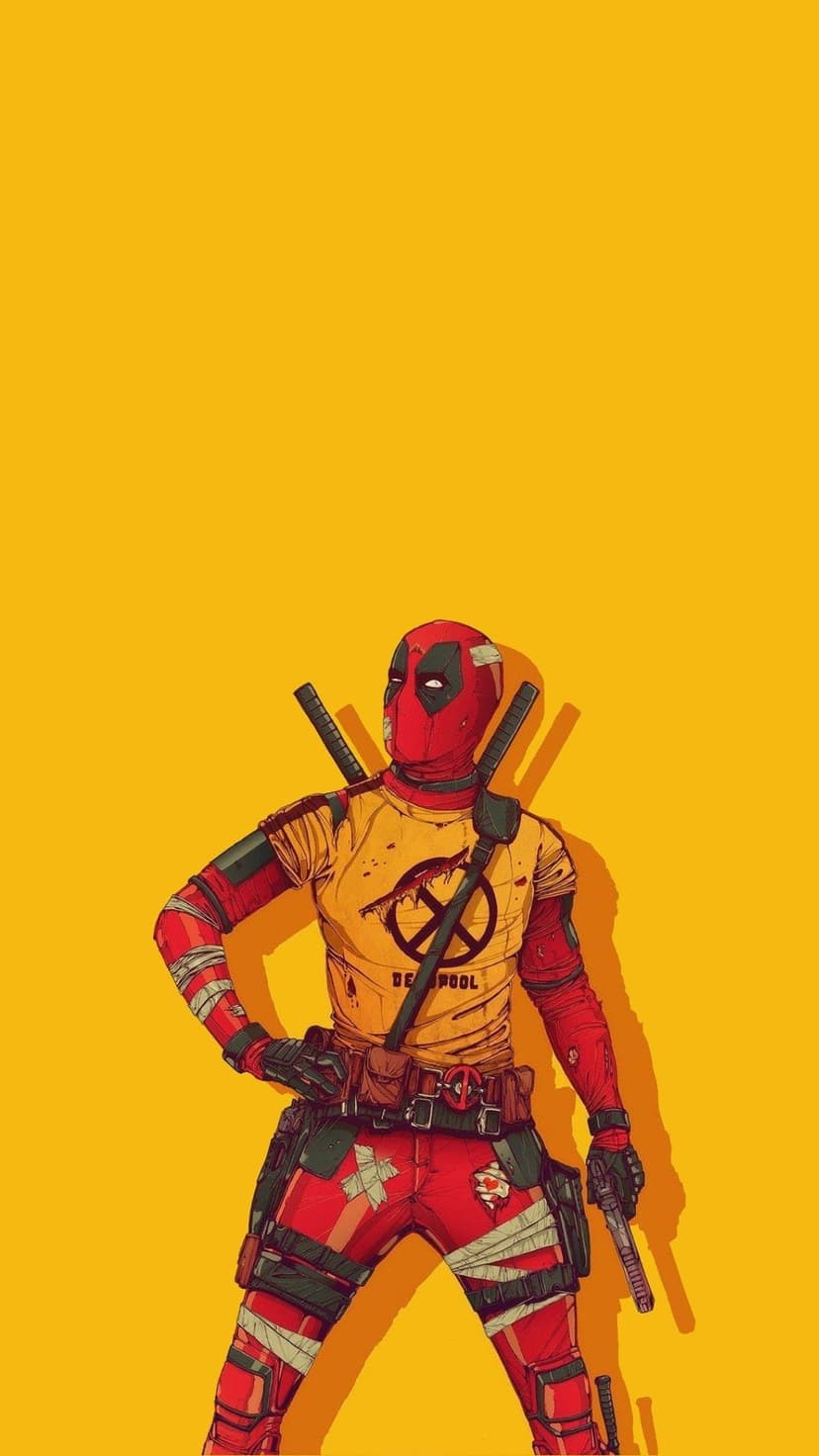Deadpool in a red suit and yellow t-shirt with dual katanas on his back against a solid yellow background.