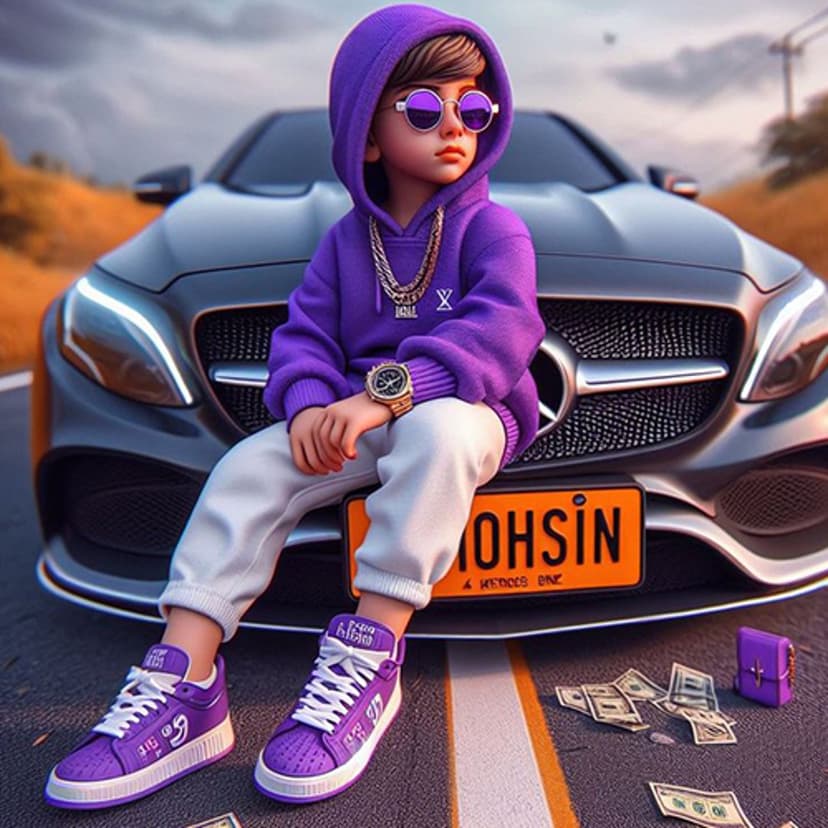 Stylized cartoon boy wearing a black hoodie and sunglasses standing in front of a silver luxury sports car.