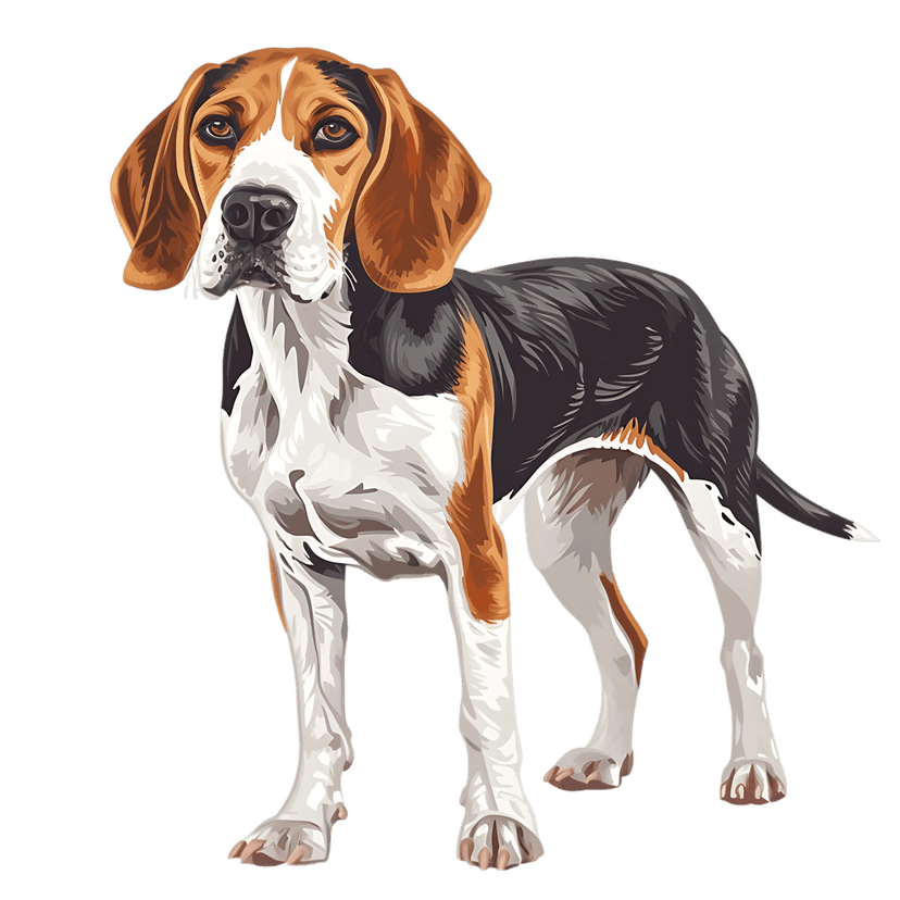Harrier dog tri-color hound portrait peeking over white fence featuring brown eyes and digital paint texture.