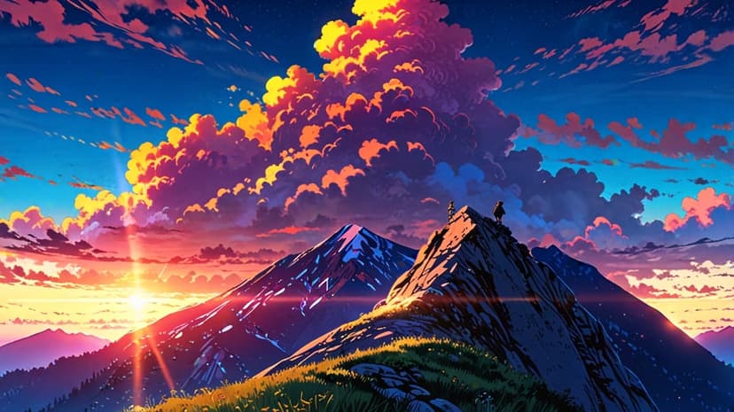 Lone hiker silhouetted on a snowy peak against a vibrant purple sunrise sky with glowing orange clouds and lens flare.