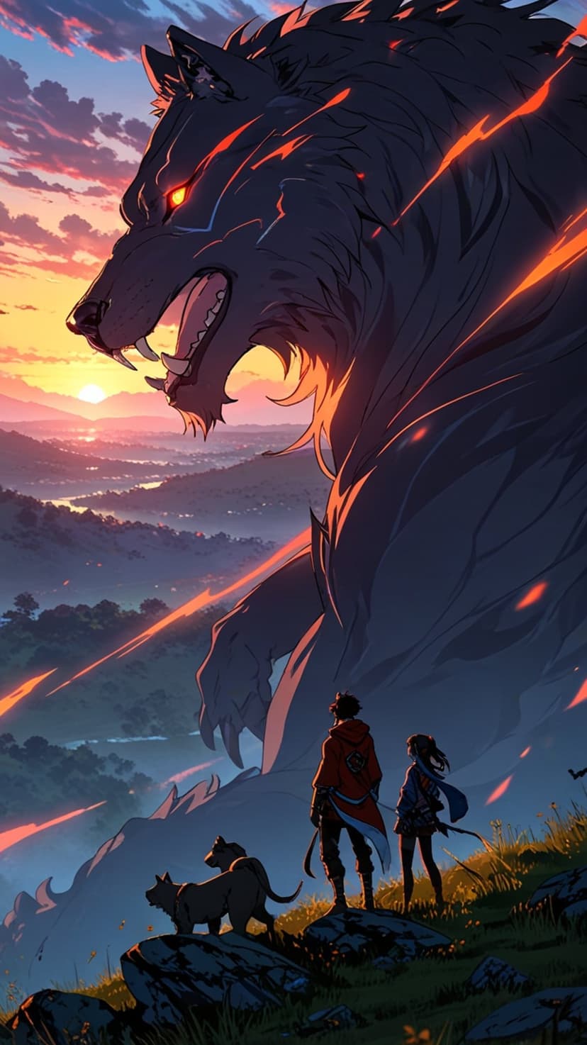 Massive fiery wolf with glowing red eyes towers over two small figures standing on a mountain ridge at sunset.