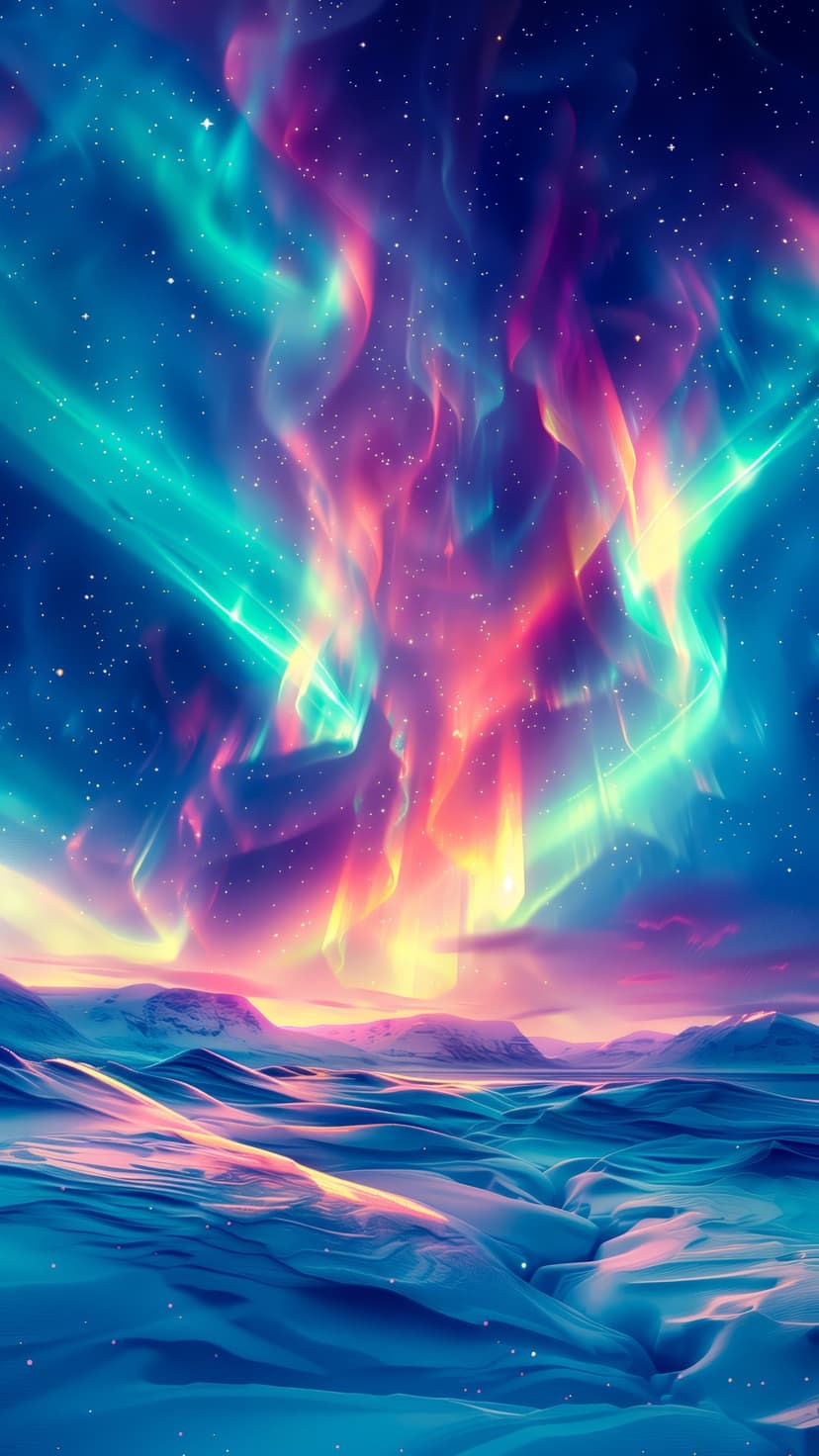Aurora borealis creates pink and green light trails over snow-capped mountains and a dark nocturnal valley.