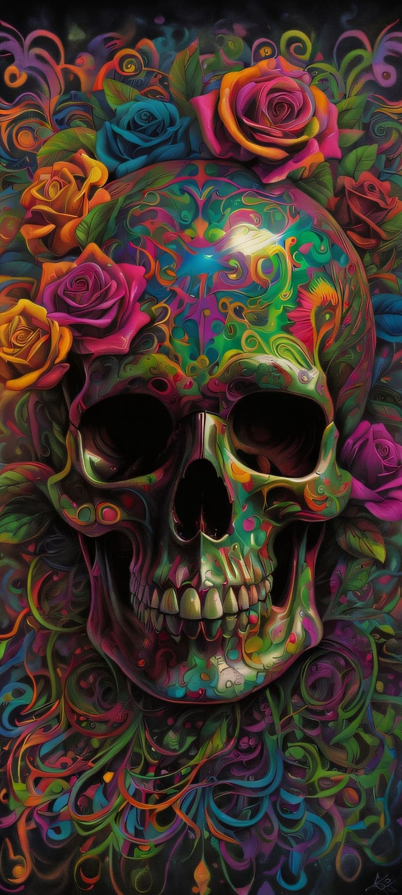 Human skull adorned with neon roses and psychedelic swirls in lime green, electric blue, and deep purple.