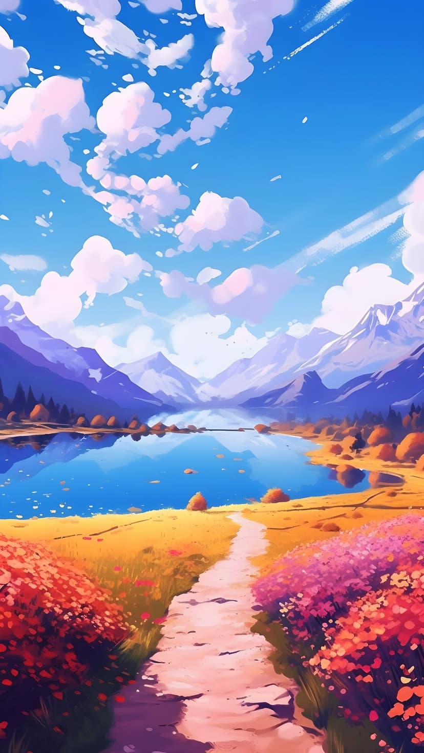 Purple mountains rise behind a blue lake and flower-lined path under a sunny sky with pink fluffy clouds.