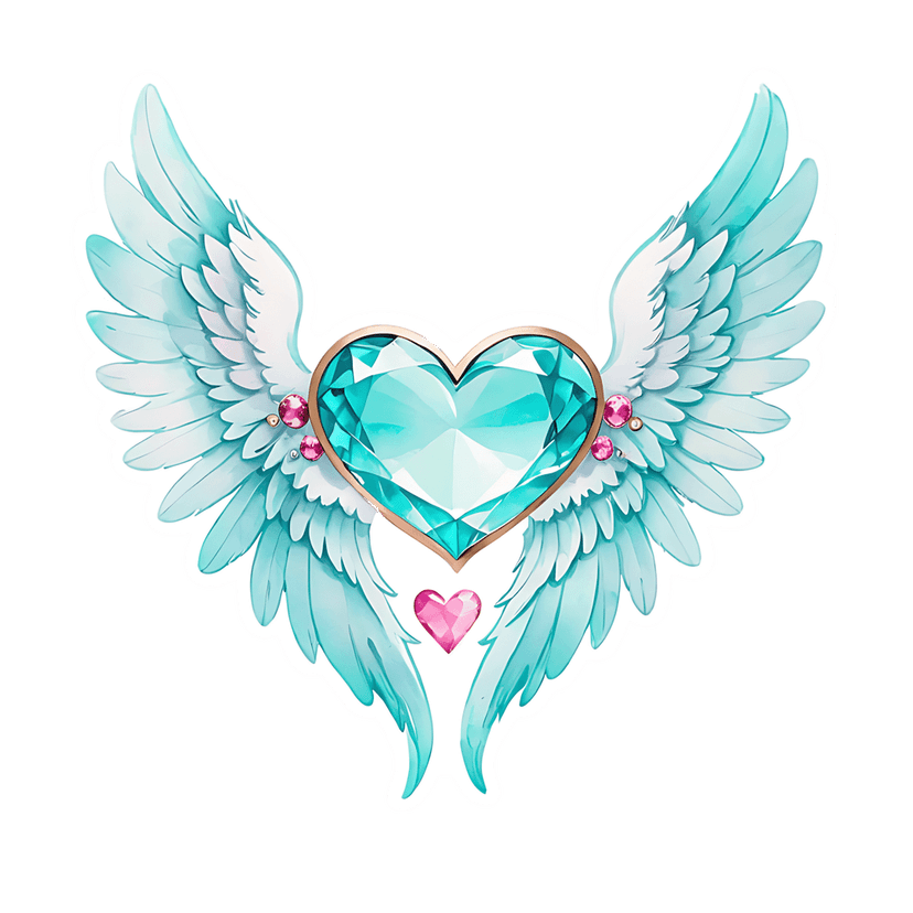 Teal heart gemstone winged sticker featuring a faceted jewel center, golden filigree, and white tipped feathers.