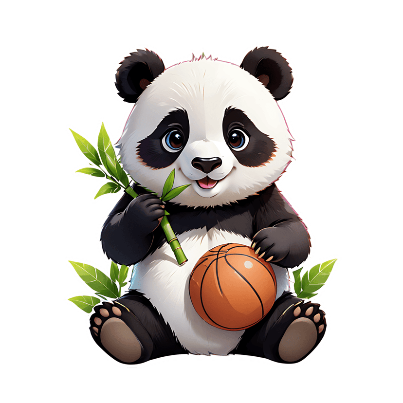 Panda sticker illustration with blue eyes holds a green bamboo stalk and an orange basketball on white outline.