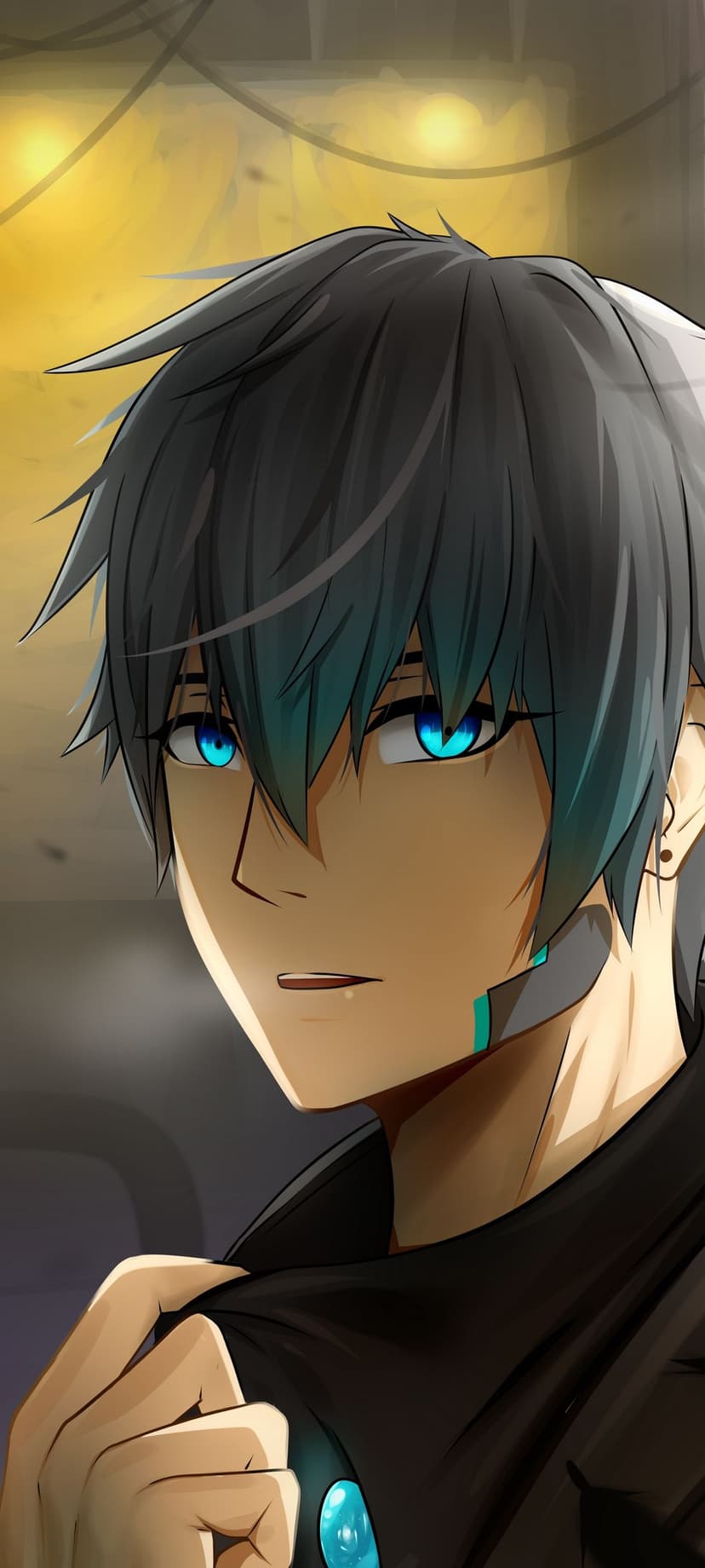 Anime boy with glowing blue eyes and dark hair wearing a black jacket against a blurred industrial background.