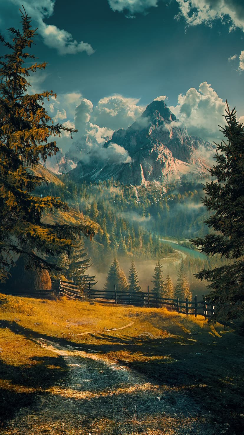Granite mountain peaks rise above a misty evergreen forest and a sunlit golden meadow with a rustic wooden fence.