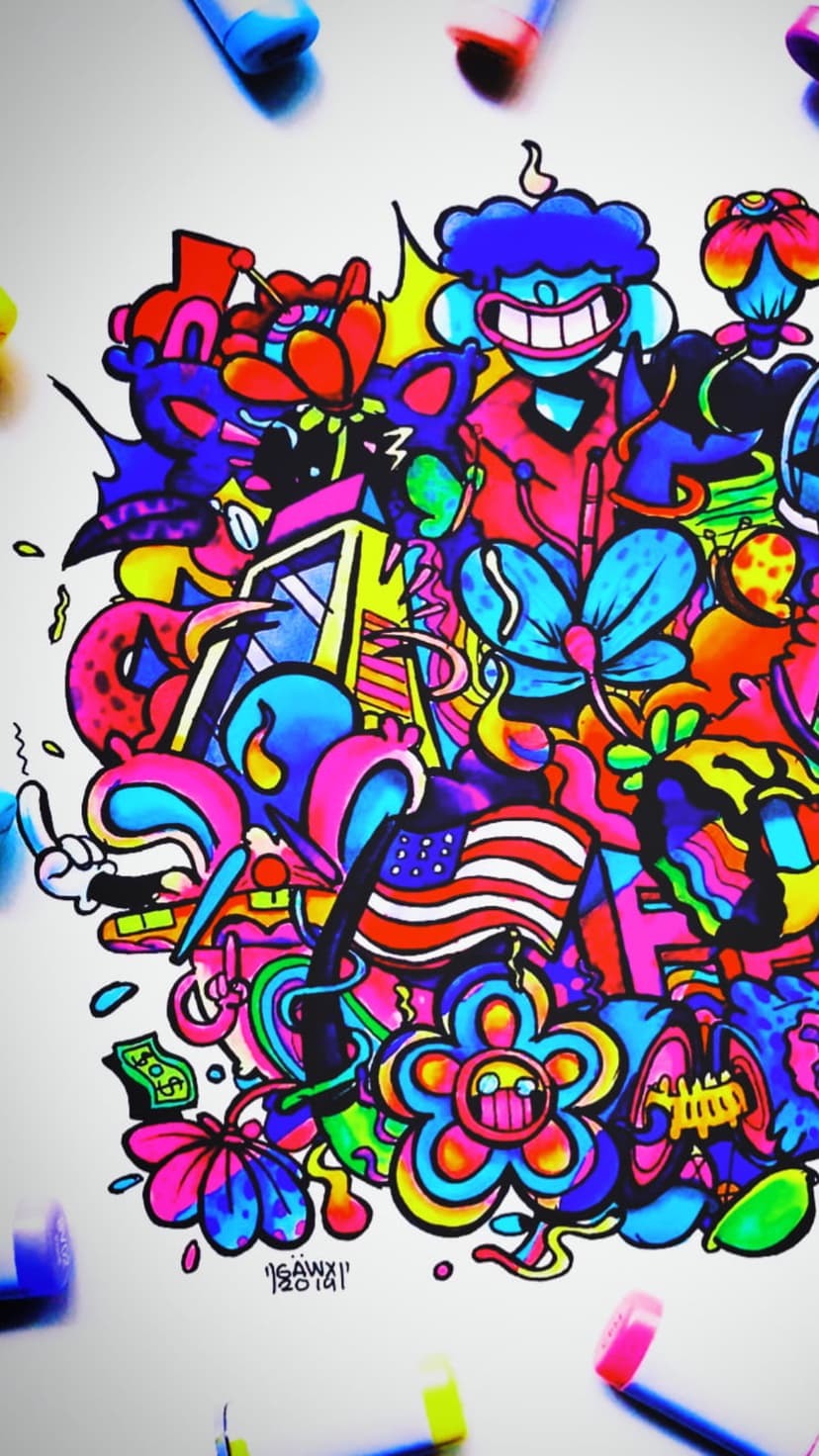 Cartoon character amidst neon flowers and a US flag in a dense, multi-colored graffiti-style vertical composition.