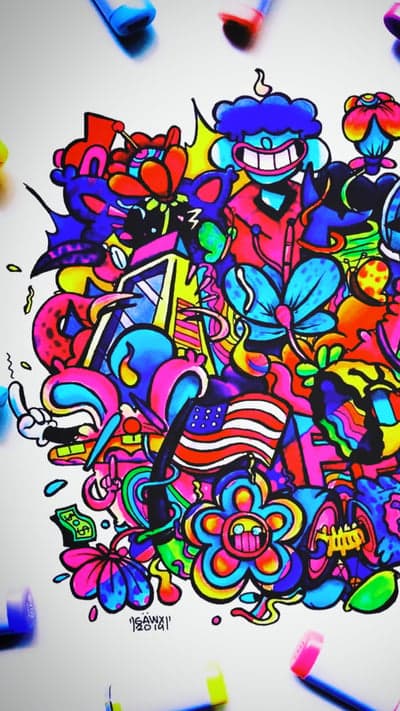 Vibrant Doodle Art with American Flag and Flowers