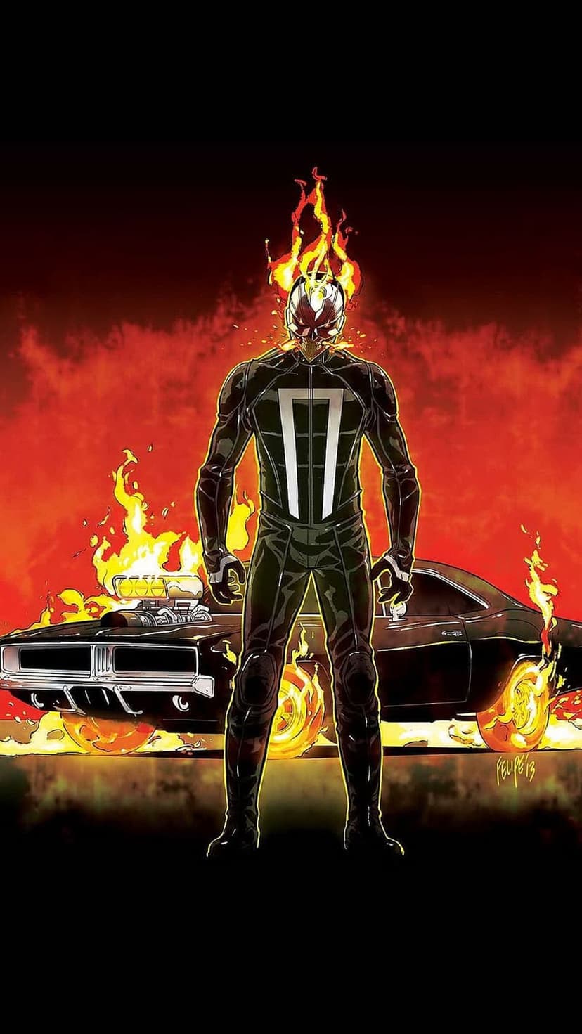 Ghost Rider with a flaming skull stands next to a classic muscle car emitting intense orange and red hellfire.