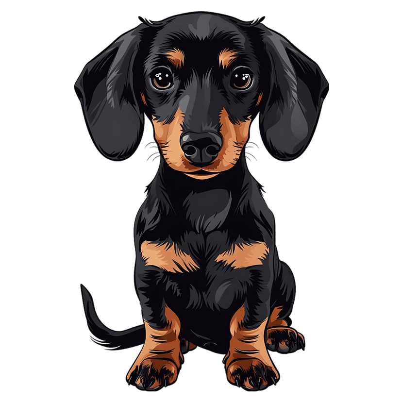 Black and tan dachshund dog sitting attentively in a digital illustration style featuring floppy ears and dark eyes.