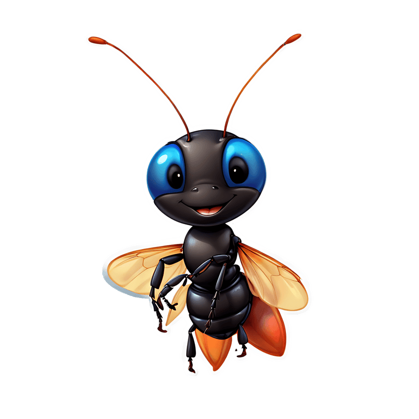 Chibi ant digital graphic featuring a glossy black body, bright blue eyes, and amber wings on white background.