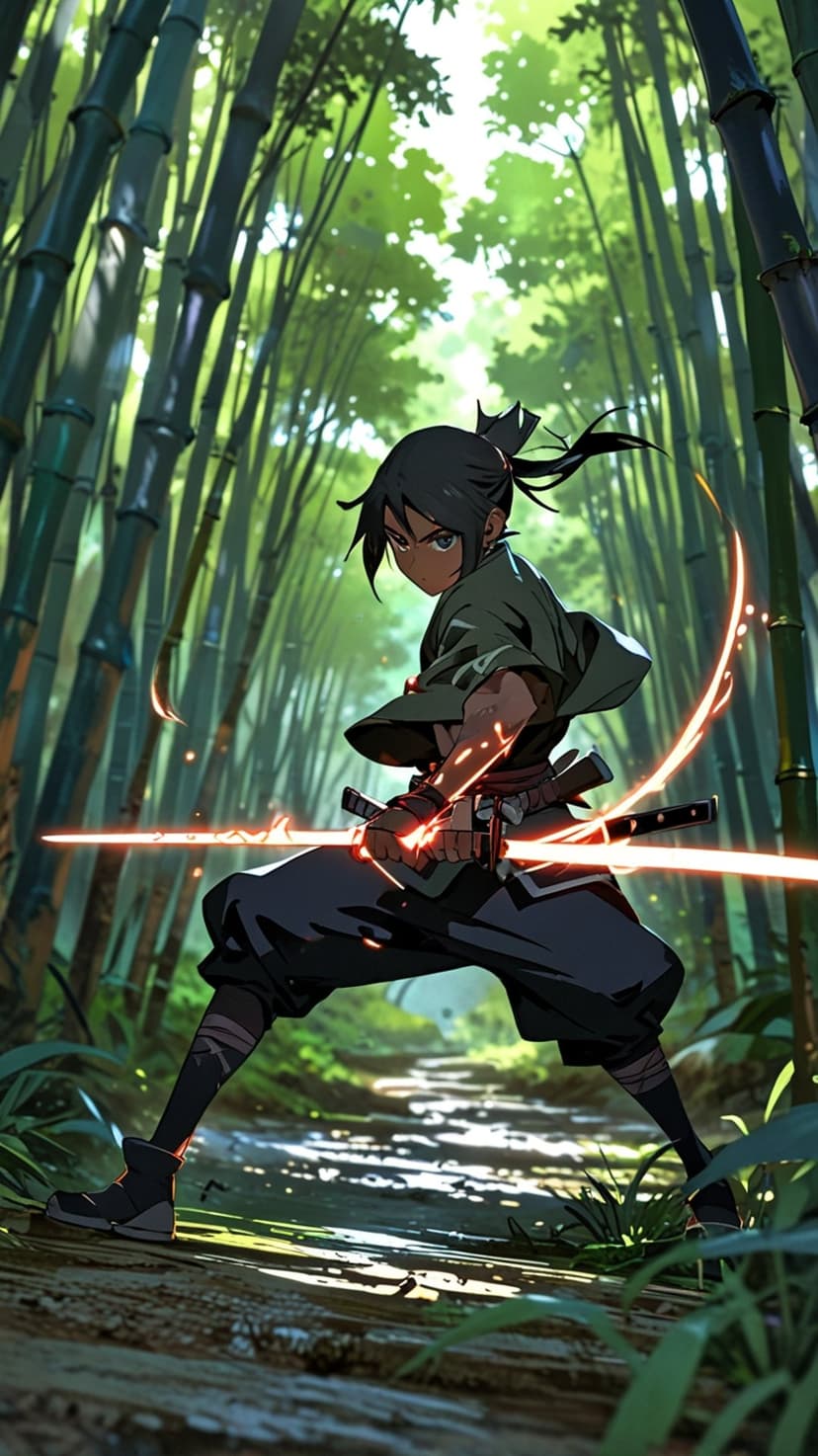 Samurai warrior in traditional robes holds a glowing orange katana while standing among tall bamboo stalks.