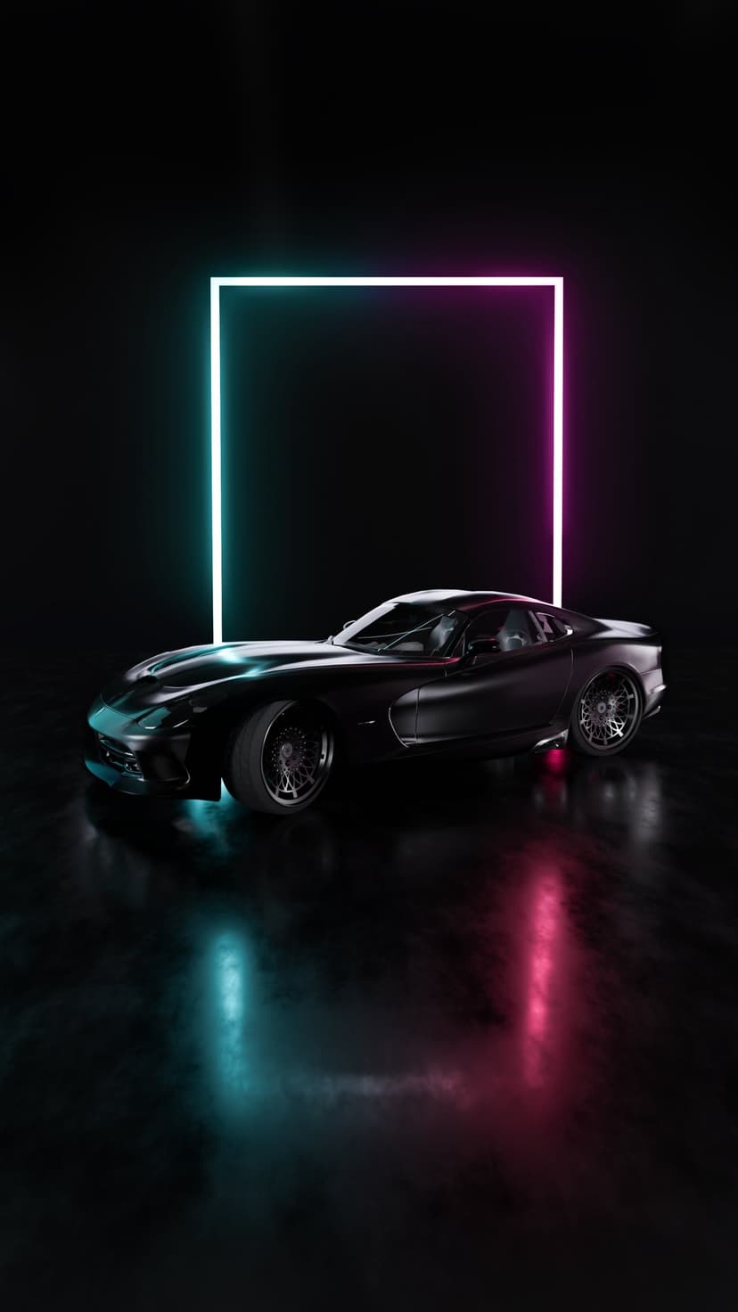 Dodge Viper sports car parked inside a glowing pink and teal neon square frame on a dark reflective surface.