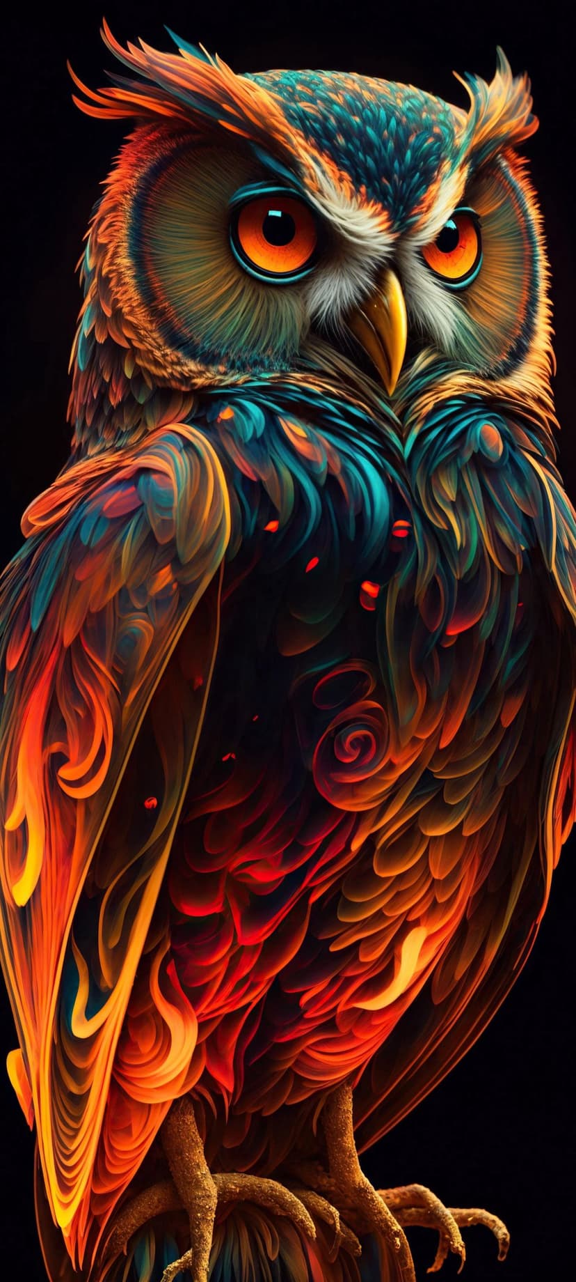 Owl with glowing orange eyes and fiery feathers in shades of red and teal gazing forward in a close-up portrait.