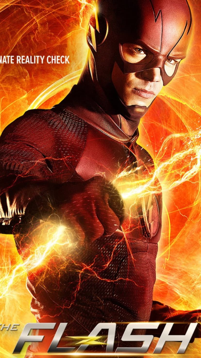 The Flash wearing a red suit stands amid vibrant orange lightning bolts with the series title below him.