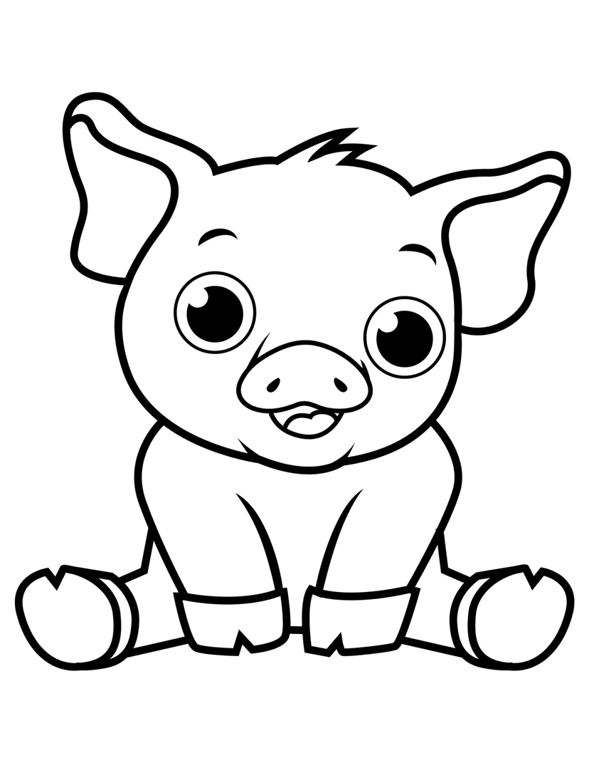 Piglet outline drawing shows a cartoon animal sitting with its feet out, featuring bold black lines on white.