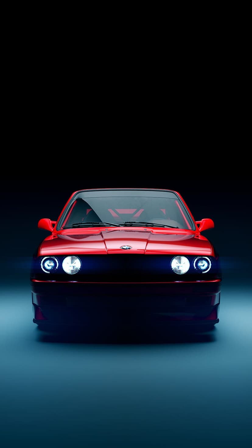 Red BMW E30 M3 front view with illuminated headlights and blue reflections in a dark, moody environment.