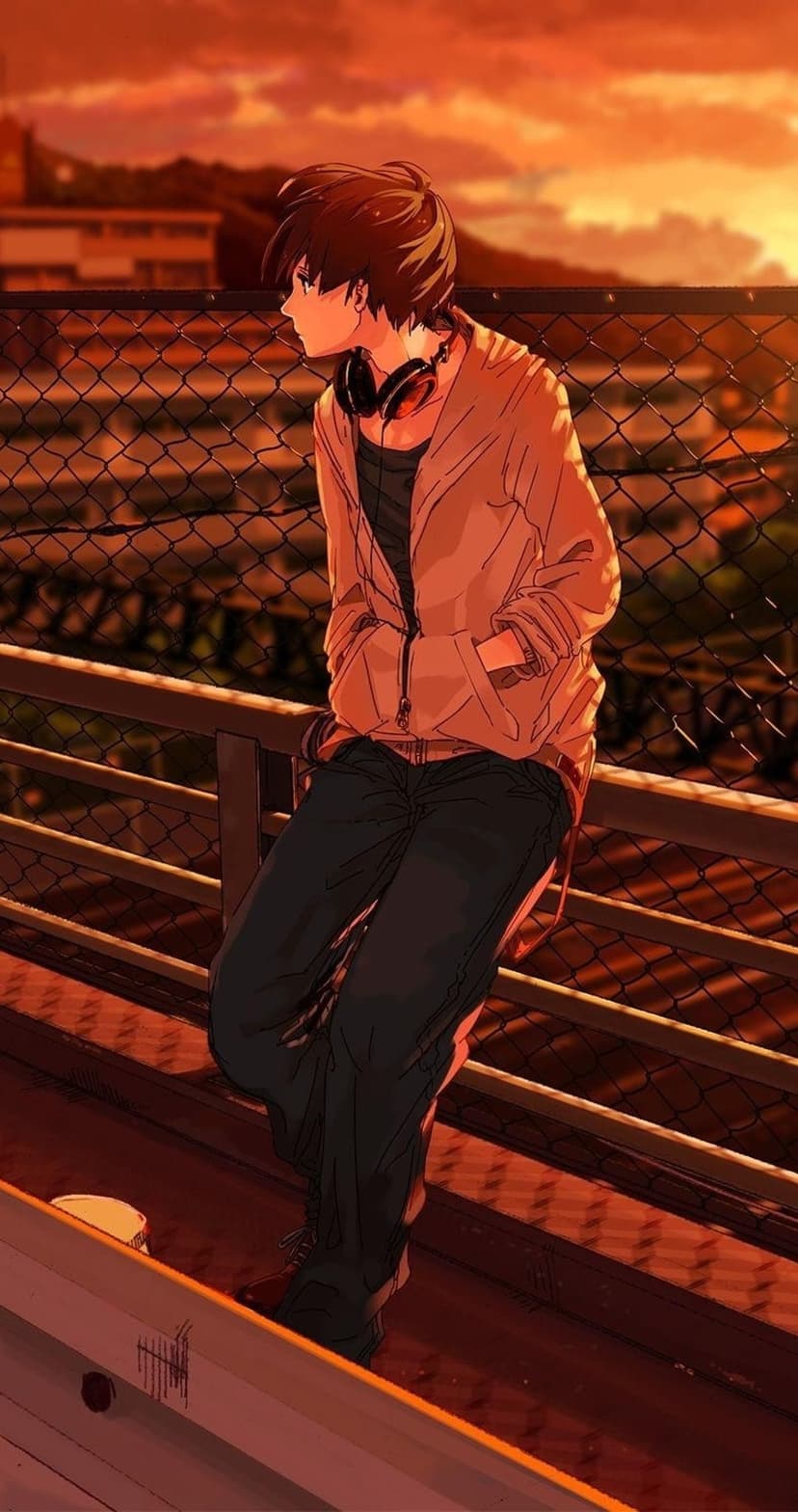 Anime boy with headphones around his neck leans on a railing against an orange sunset and chain-link fence.