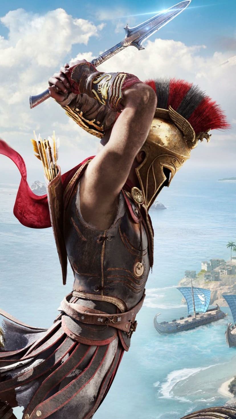 Spartan warrior in gold armor leaps with a spear over ancient Greek triremes and a turquoise coastal sea.
