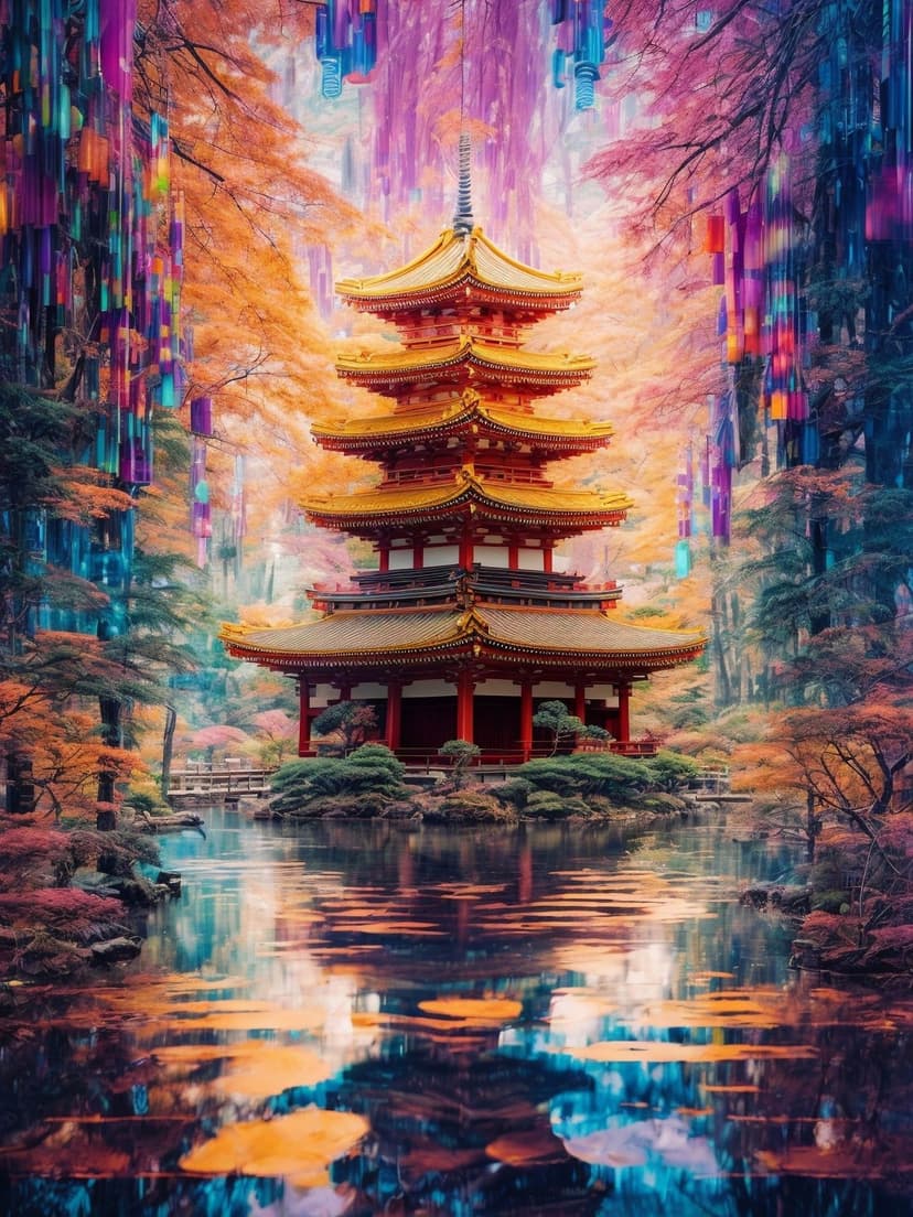 Multi-tiered Japanese pagoda reflects in a still pond surrounded by glowing autumn trees and violet light trails.