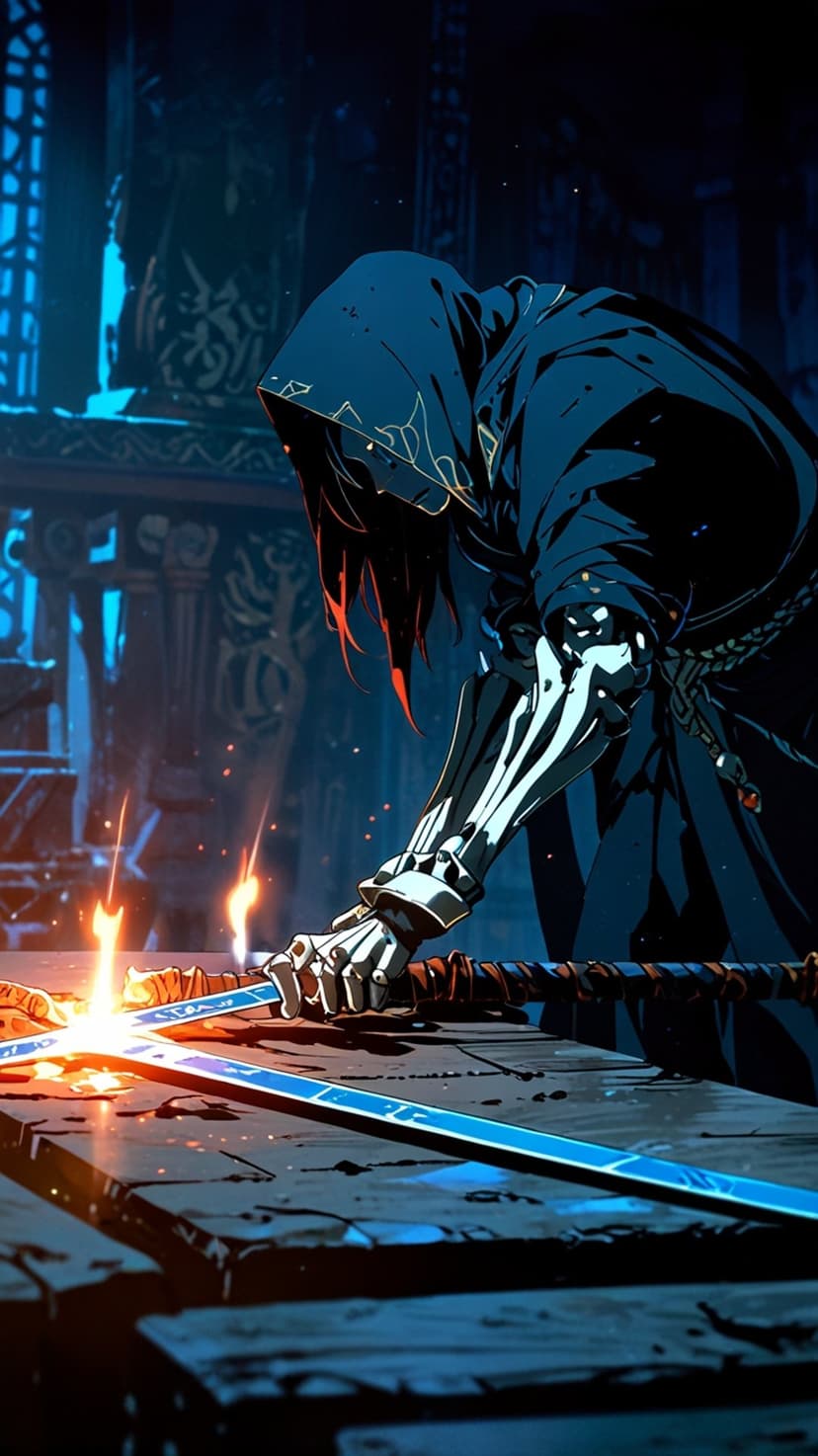 Hooded spectral reaper in armor forging a glowing blue sword on a fiery anvil inside a dark gothic stone chamber.