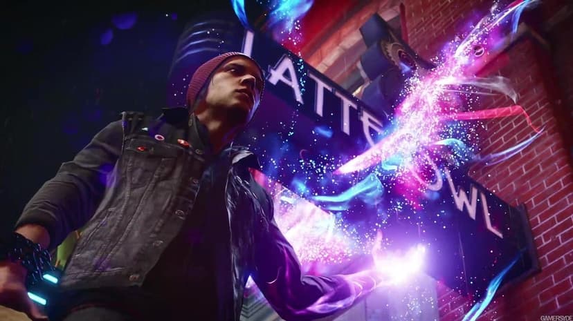 Character in a beanie gazes up as vibrant pink and blue neon energy swirls from his hand in a dark alley.