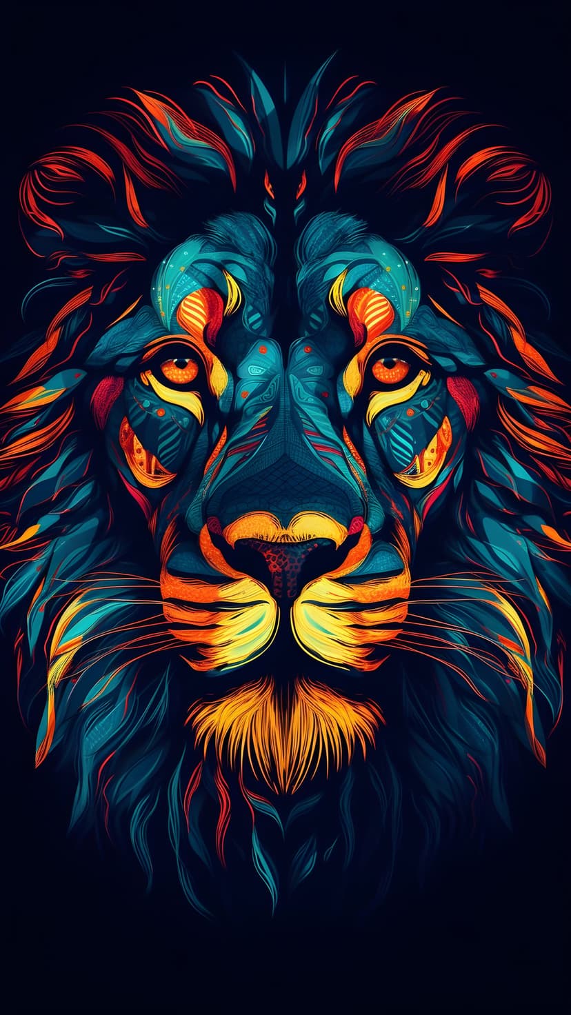 Lion with stylized blue and orange mane displays a piercing gaze in a high-contrast vertical composition.