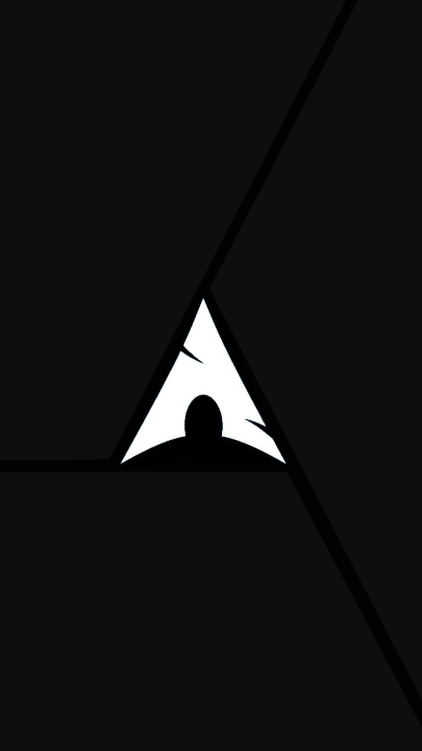 White Arch Linux logo centered on a dark black background with diagonal lines converging toward the middle crest.
