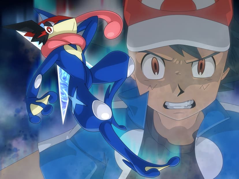 Ash-Greninja leaps with a water shuriken before a giant, determined portrait of Ash Ketchum.