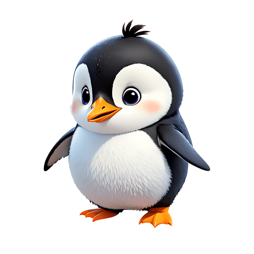 Penguin sticker 3D illustration features a round black bird with white feathers, blue eyes, and orange beak.