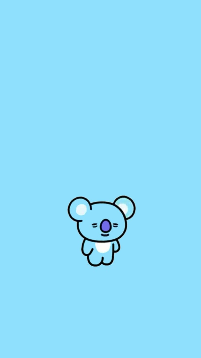Koya the sleepy blue koala with a purple nose stands centered against a solid light blue background.