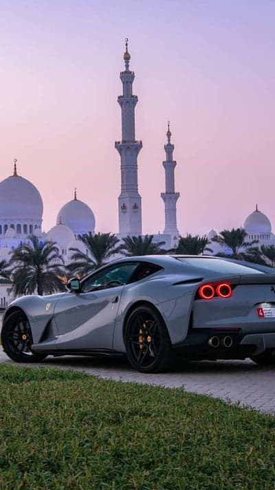 Gray Ferrari Supercar at Abu Dhabi Grand Mosque Phone Wallpaper