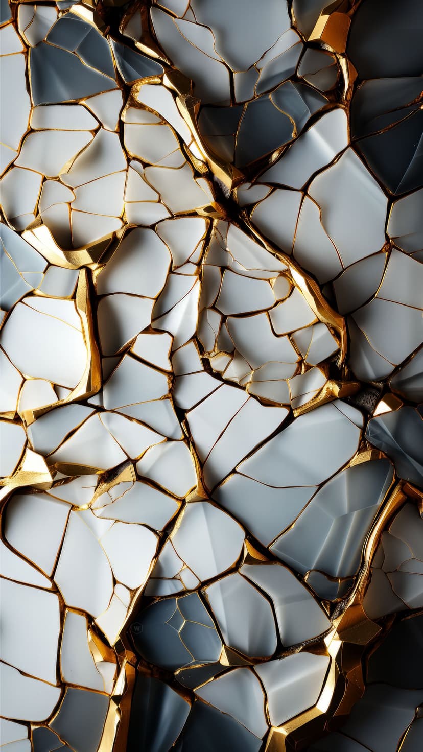 Fractured white and grey porcelain pieces meticulously repaired with flowing seams of radiant gold lacquer.