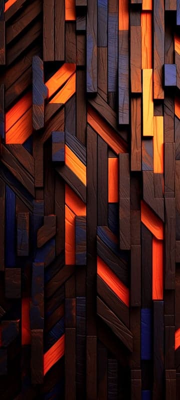 Dark Wood Geometric Abstract with Orange and Blue Accents